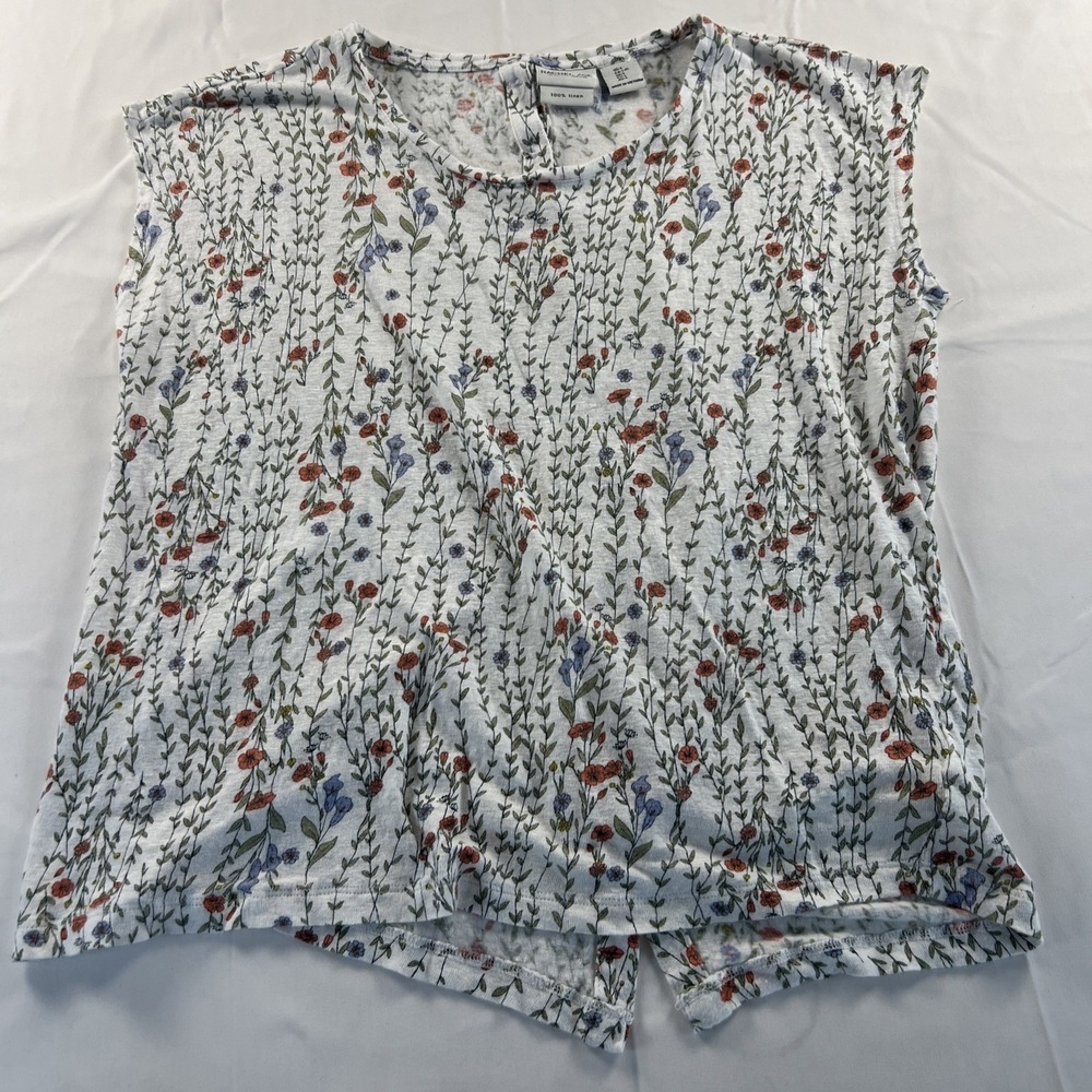 Rachel Zoe Women's 100% Linen Size L Floral Blouse Top Buttons Down The Back